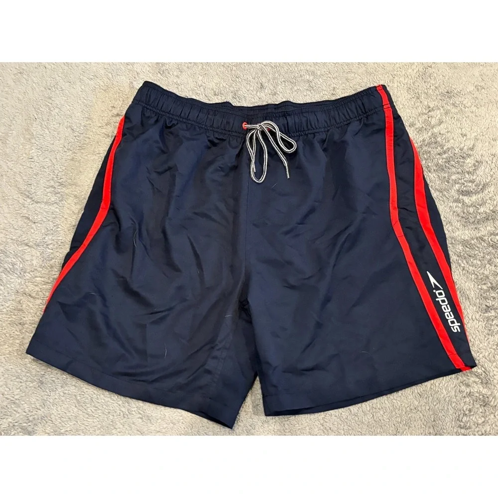 Speedo Swim Trunks Mens XL Navy Blue Mesh Lined Stripe Swimsuit Pockets